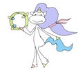 Cute fabulous unicorn isolated on a white background. Unicorns is dancing with a tambourine in his hands.